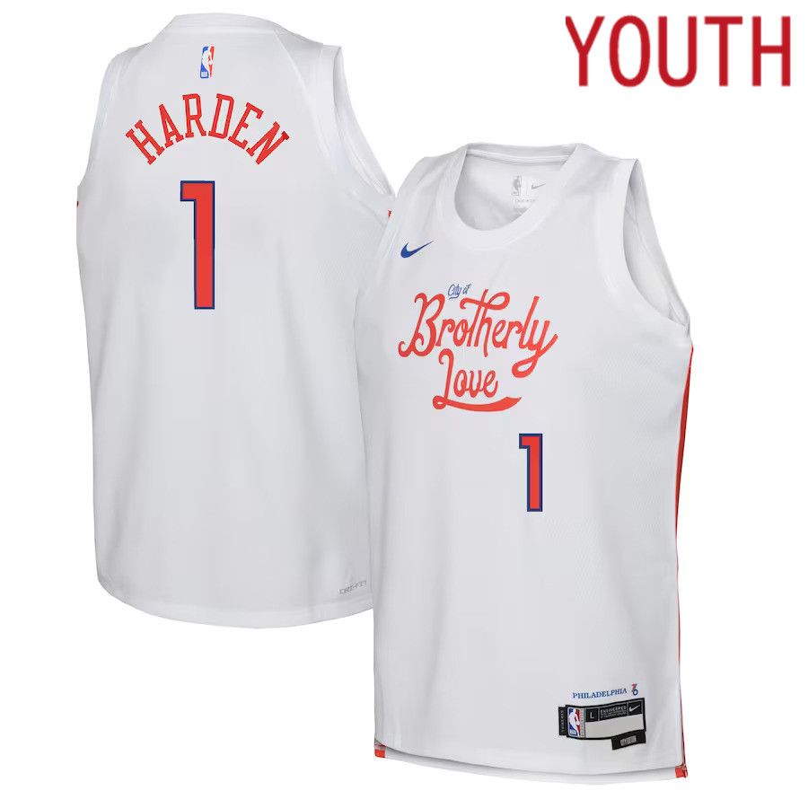 Youth Philadelphia 76ers 1 James Harden Nike White City Edition 2022-23 Swingman NBA Jersey
